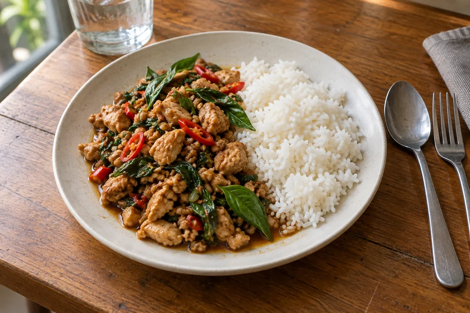 Basilicumwok met groenten, geserveerd met rijst