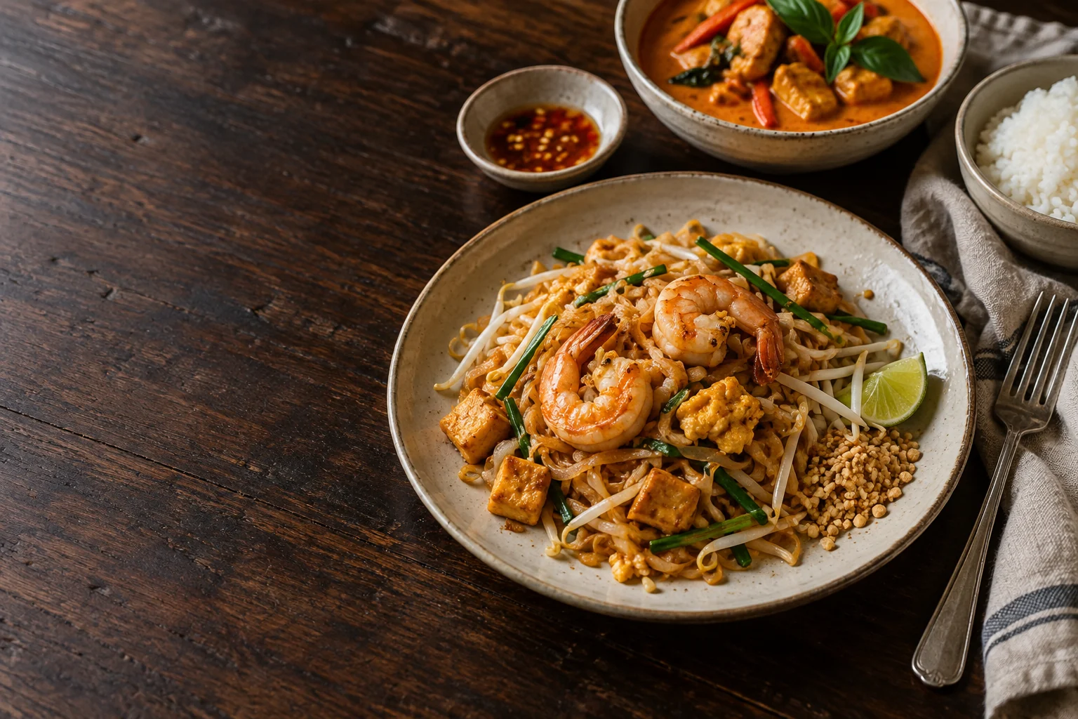 Plusieurs plats thaïs disposés sur une table pour être partagés