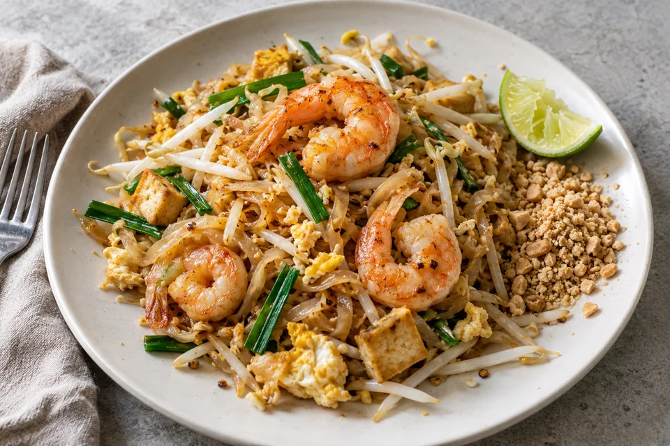 Pad Thai met rijstnoedels, garnalen en limoen op een keramisch bord