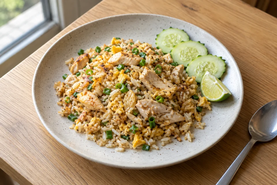 Riz sauté au poulet et à l’œuf, avec concombre et citron vert, dans une assiette en céramique
