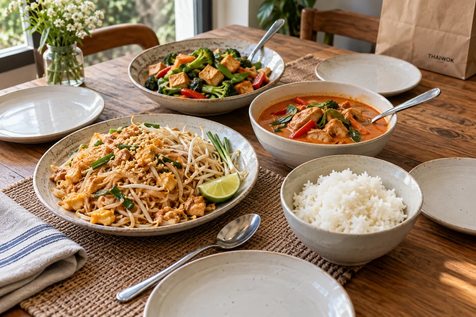 Plusieurs plats thaïs disposés sur une table pour être partagés