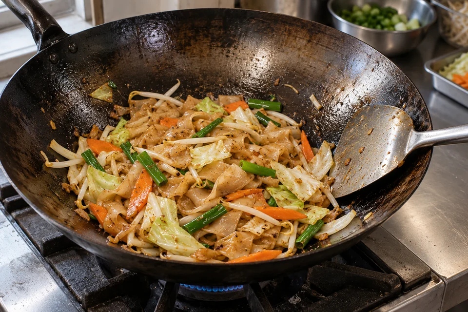 Légumes et nouilles en cuisson dans un wok en acier sombre sur une cuisinière